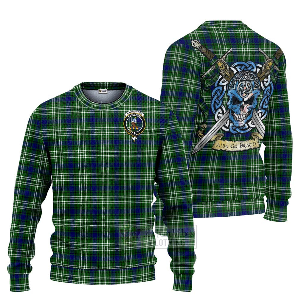 Tartan Vibes Clothing Haliburton Tartan Knitted Sweater with Family Crest Celtic Skull Style