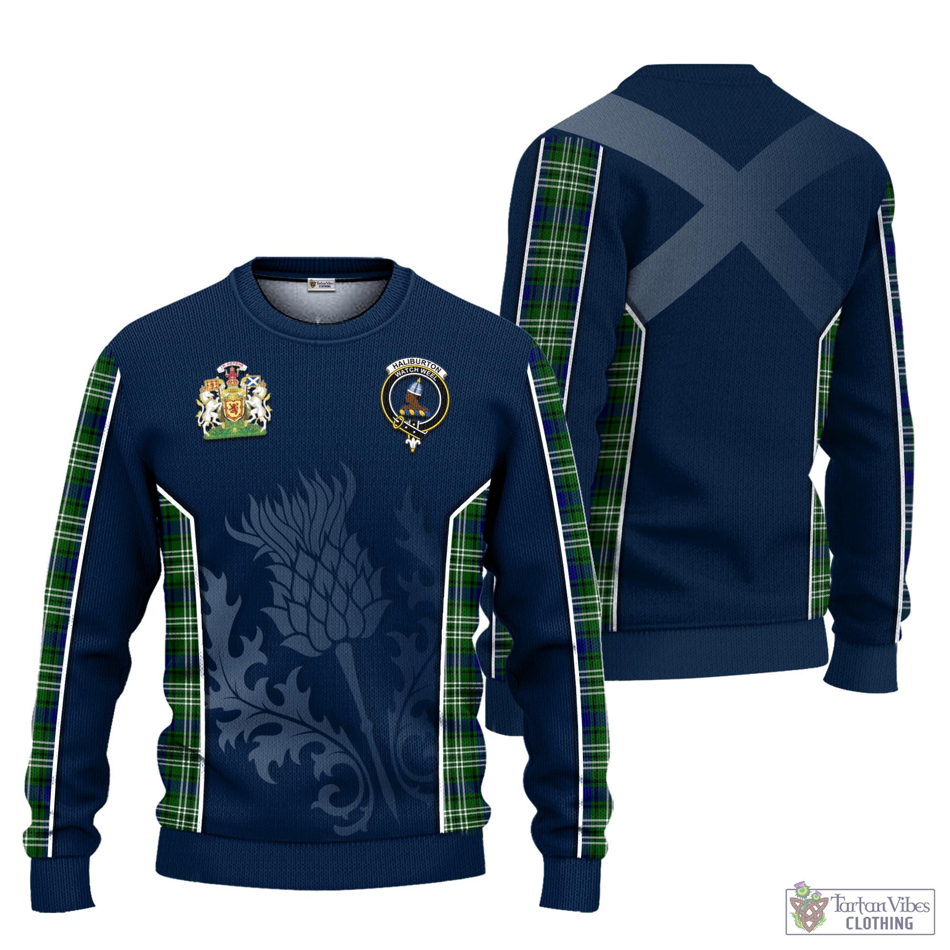 Tartan Vibes Clothing Haliburton Tartan Knitted Sweatshirt with Family Crest and Scottish Thistle Vibes Sport Style