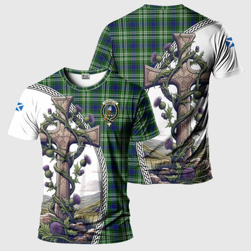 Haliburton Tartan T-Shirt with Family Crest and St. Andrew's Cross Accented by Thistle Vines