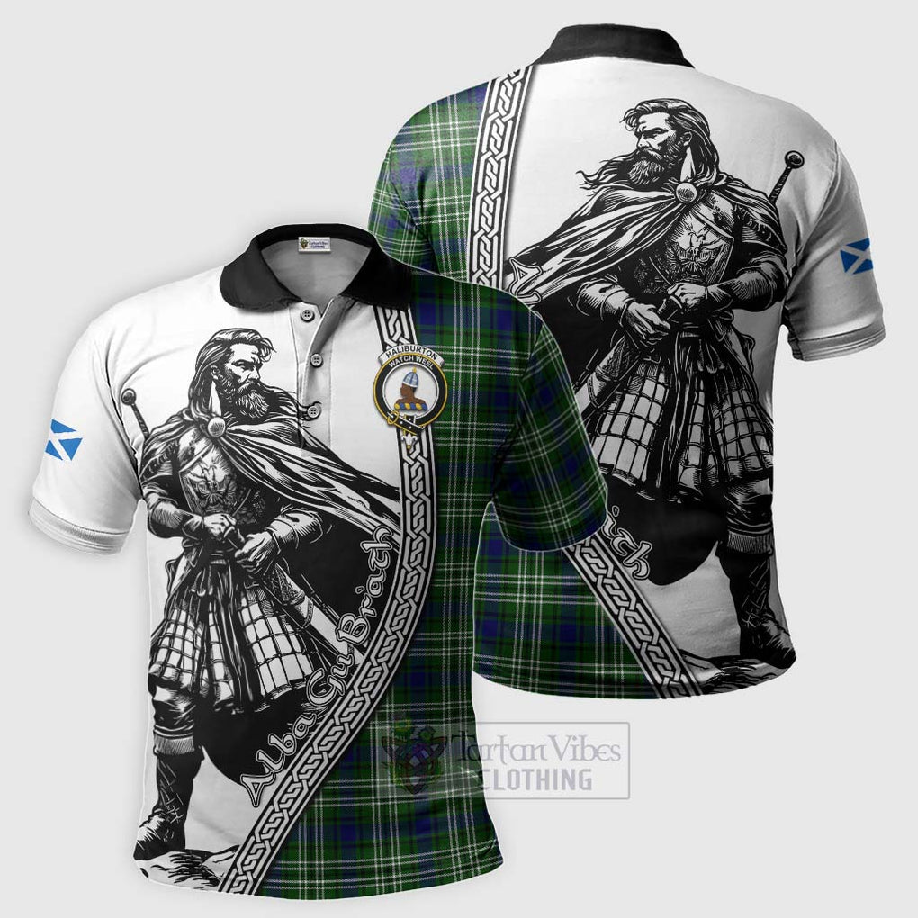 Tartan Vibes Clothing Haliburton Tartan Clan Crest Polo Shirt with Highlander Warrior Celtic Style