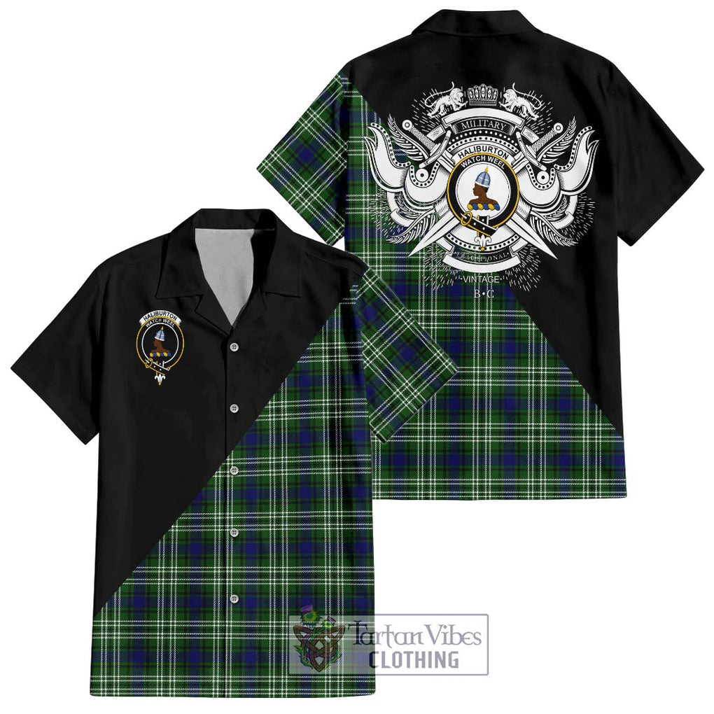 Haliburton Tartan Short Sleeve Button Shirt with Family Crest and Military Logo Style Kid - Tartanvibesclothing Shop