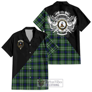 Haliburton Tartan Short Sleeve Button Shirt with Family Crest and Military Logo Style