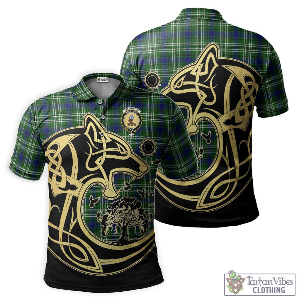 Haliburton Tartan Polo Shirt with Family Crest Celtic Wolf Style Kid - Tartanvibesclothing Shop