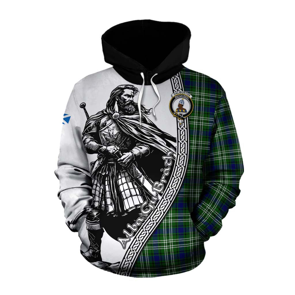 Tartan Vibes Clothing Haliburton Tartan Clan Crest Cotton Hoodie with Highlander Warrior Celtic Style