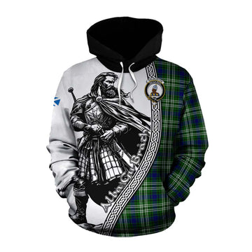 Haliburton Tartan Clan Crest Cotton Hoodie with Highlander Warrior Celtic Style