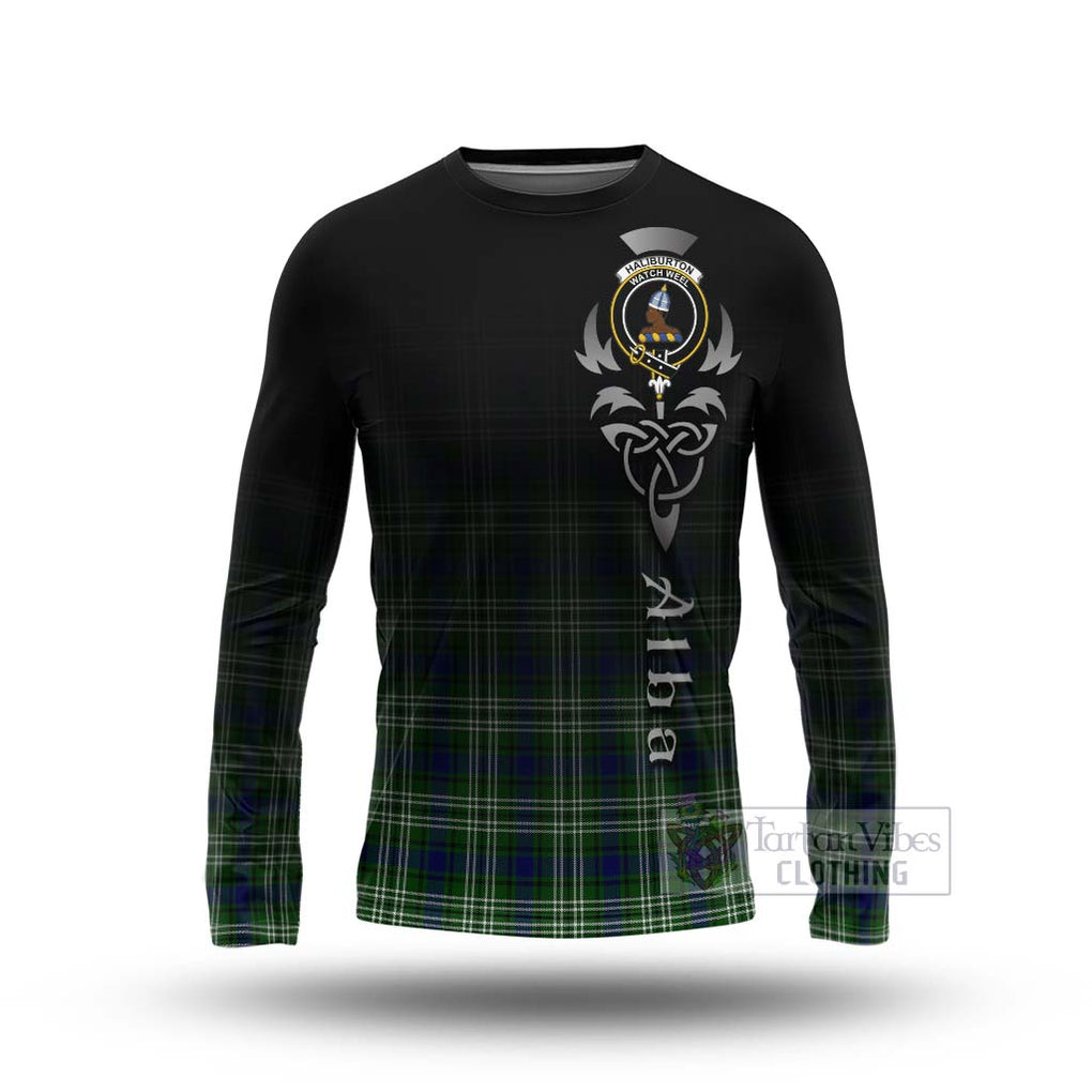 Tartan Vibes Clothing Haliburton Tartan Long Sleeve T-Shirt Featuring Alba Gu Brath Family Crest Celtic Inspired