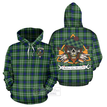 Haliburton Tartan Hoodie with Family Crest and Bearded Skull Holding Bottles of Whiskey