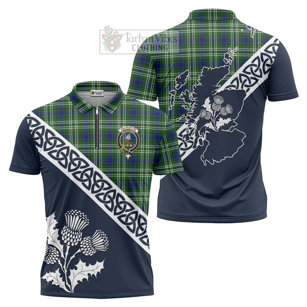 Tartan Vibes Clothing Haliburton Tartan Zipper Polo Shirt Featuring Thistle and Scotland Map