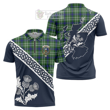 Haliburton Tartan Zipper Polo Shirt Featuring Thistle and Scotland Map