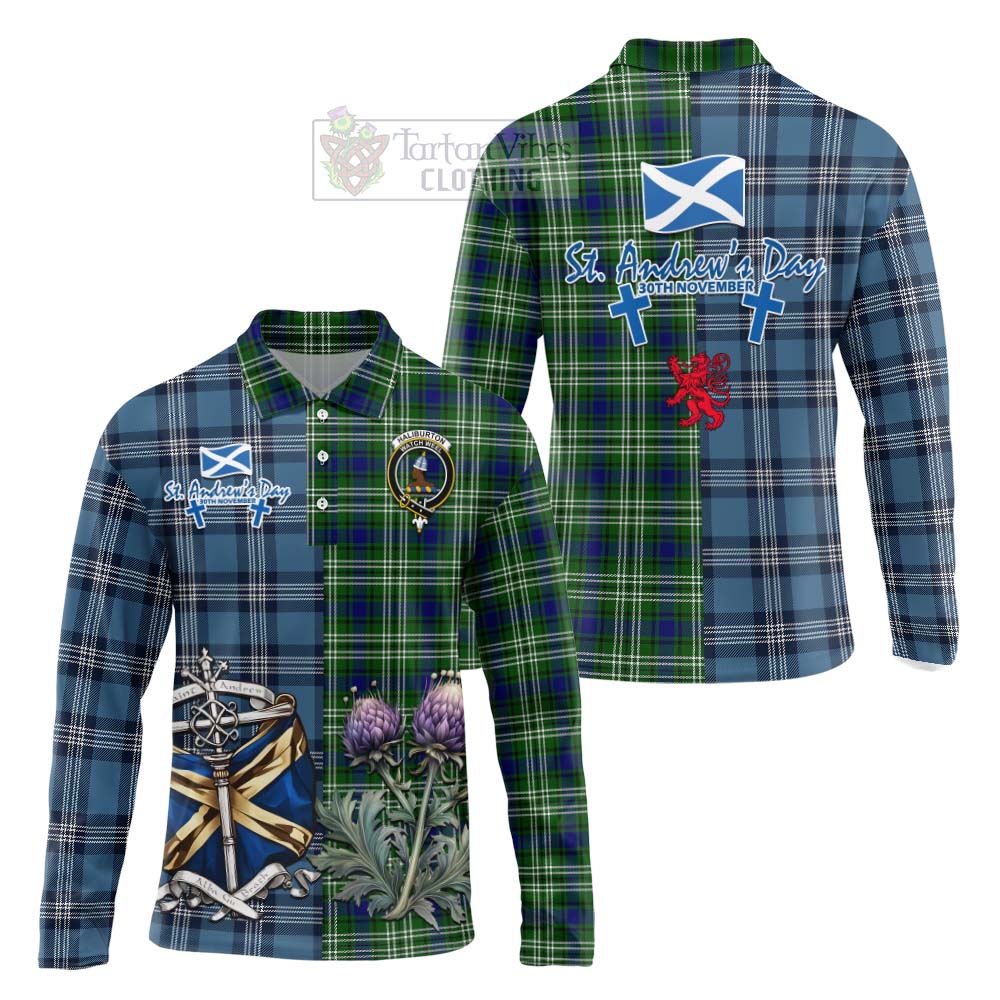 Tartan Vibes Clothing Haliburton Tartan Long Sleeve Polo Shirt Happy St. Andrew's Day Half Tartan Style