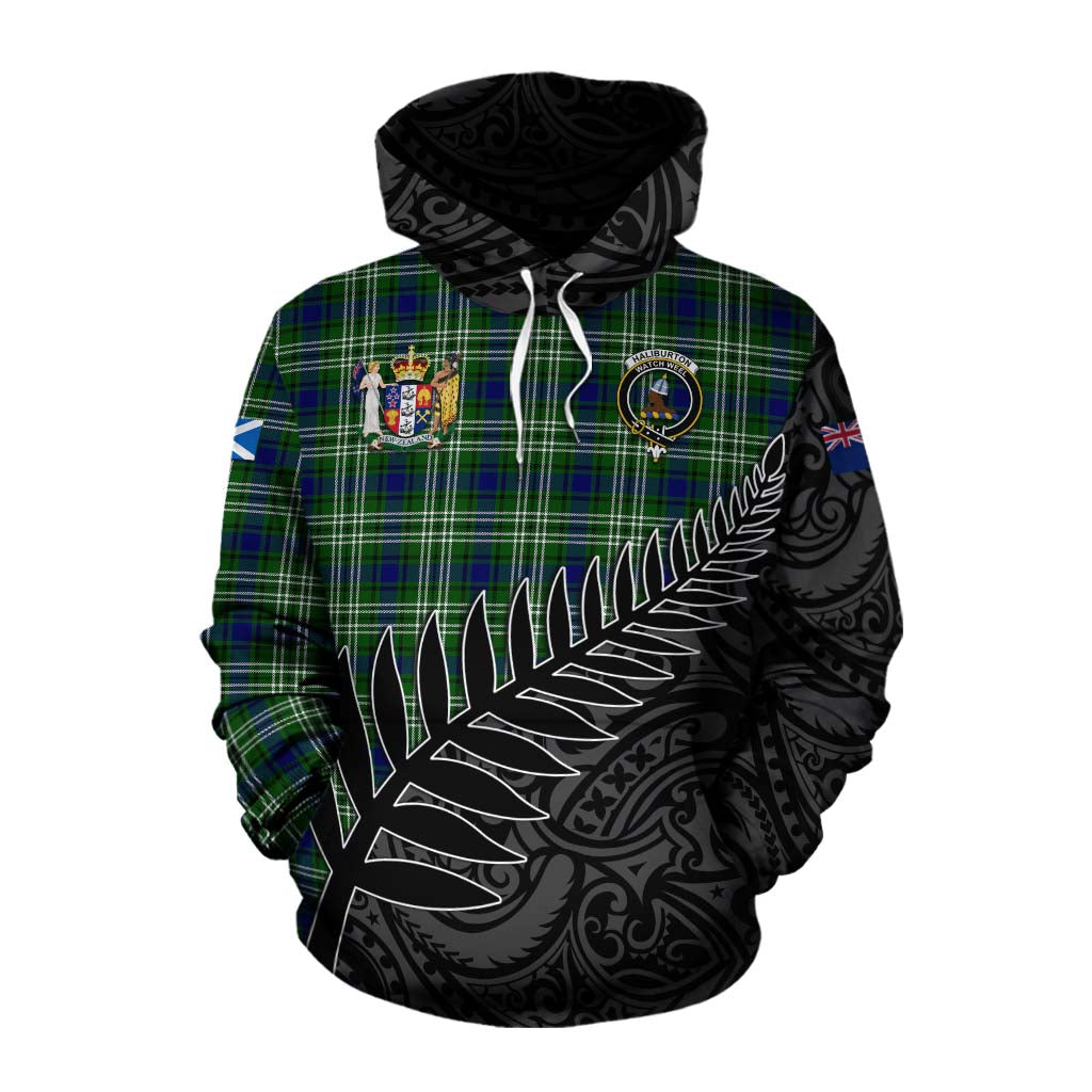 Tartan Vibes Clothing Haliburton Crest Tartan Cotton Hoodie with New Zealand Silver Fern Half Style