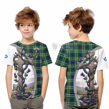 Haliburton Tartan Kid T-Shirt with Family Crest and St. Andrew's Cross Accented by Thistle Vines