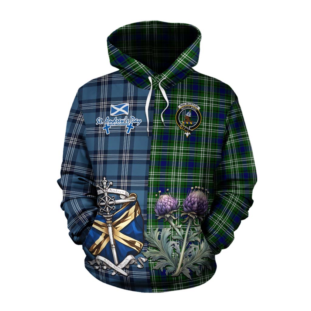 Tartan Vibes Clothing Haliburton Tartan Cotton Hoodie Happy St. Andrew's Day Half Tartan Style