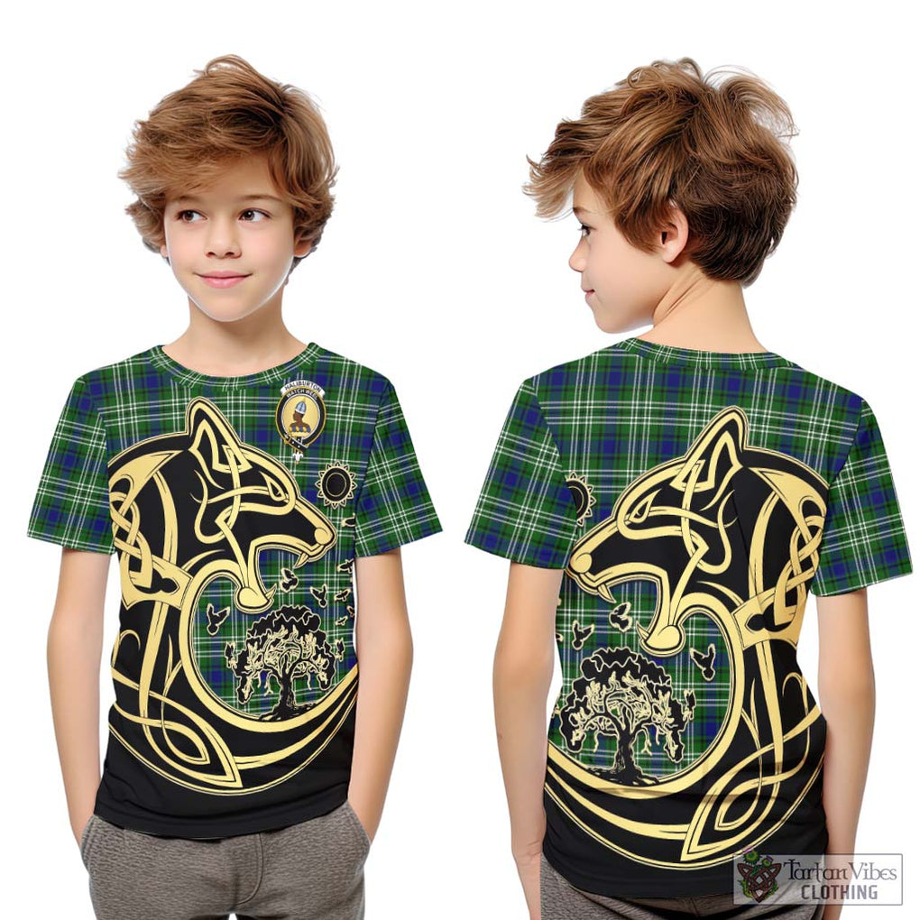 Haliburton Tartan Kid T-Shirt with Family Crest Celtic Wolf Style Youth XL Size14 - Tartan Vibes Clothing