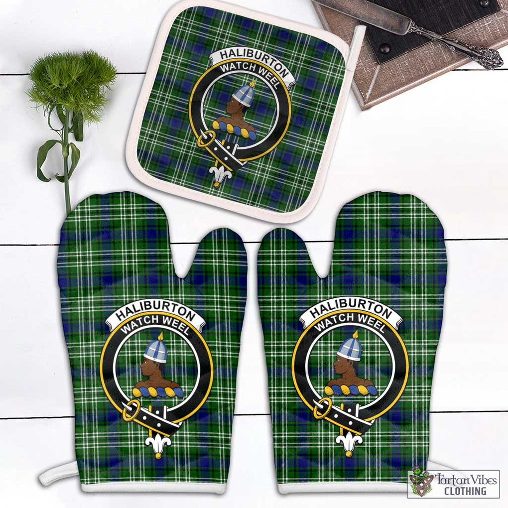 Haliburton Tartan Combo Oven Mitt & Pot-Holder with Family Crest Combo 1 Oven Mitt & 1 Pot-Holder White - Tartan Vibes Clothing