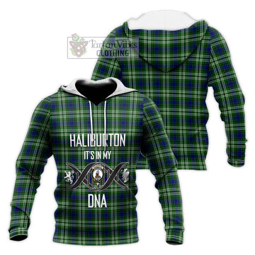 Haliburton Tartan Knitted Hoodie with Family Crest DNA In Me Style