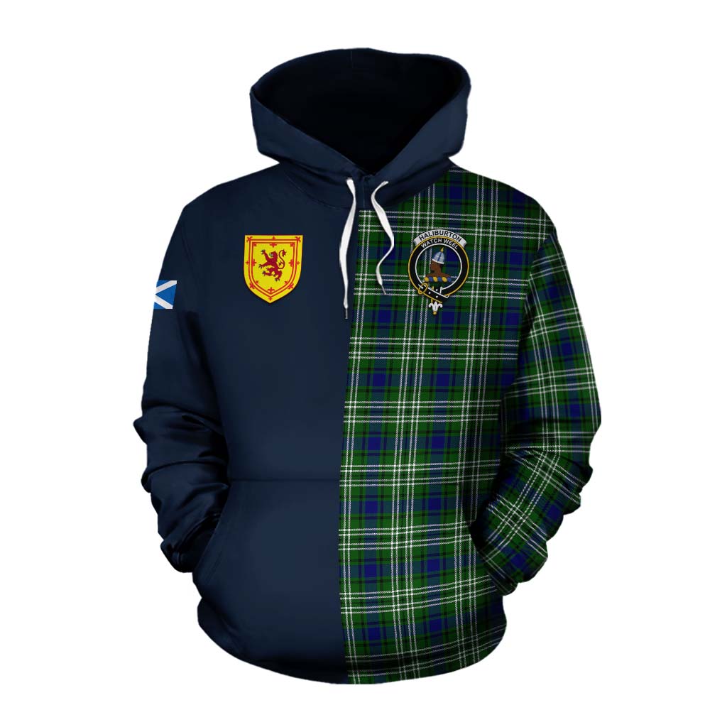 Tartan Vibes Clothing Haliburton Tartan Cotton Hoodie Alba with Scottish Lion Royal Arm Half Style