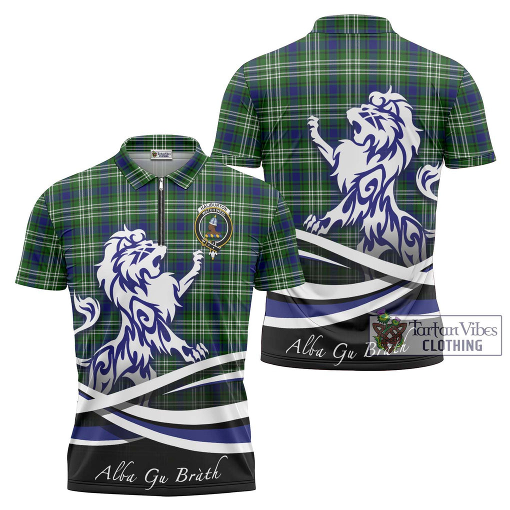 Haliburton Tartan Zipper Polo Shirt with Alba Gu Brath Regal Lion Emblem Unisex - Tartanvibesclothing Shop