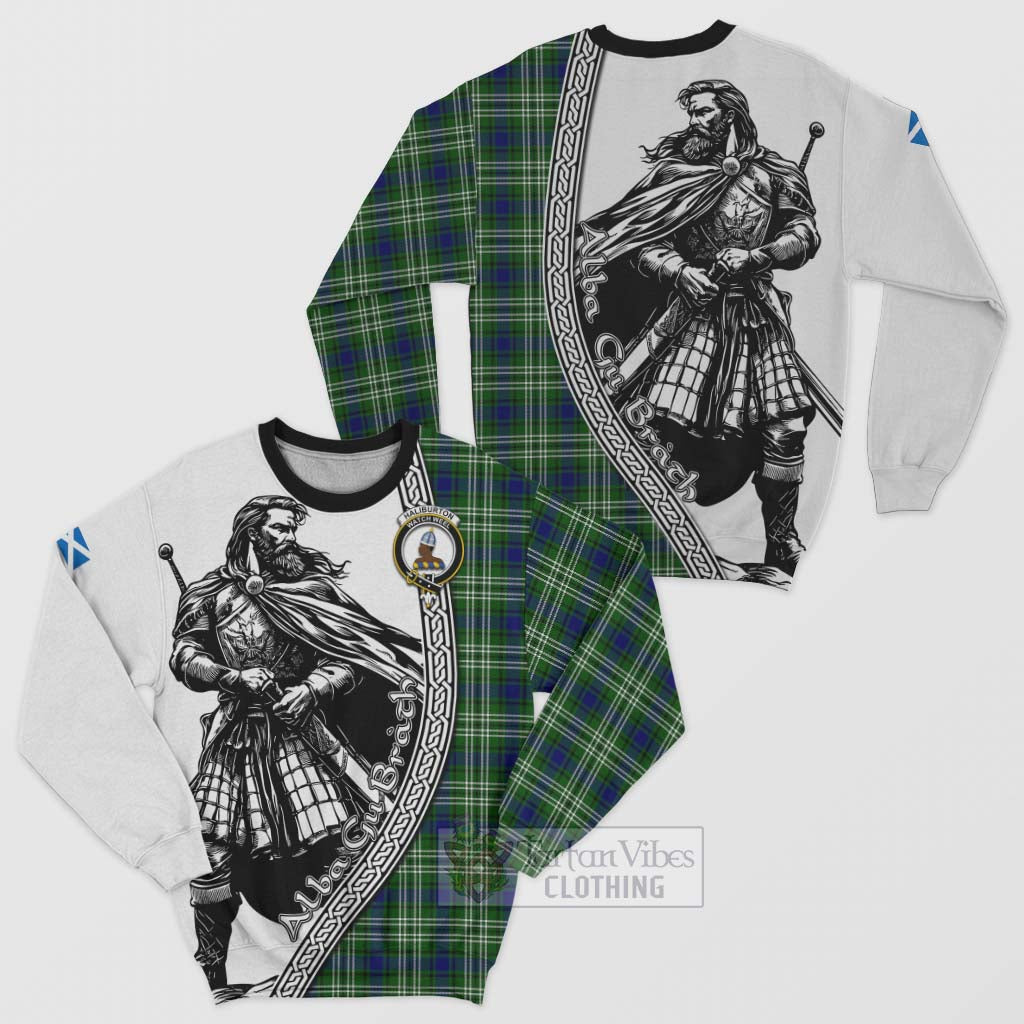 Tartan Vibes Clothing Haliburton Tartan Clan Crest Sweatshirt with Highlander Warrior Celtic Style