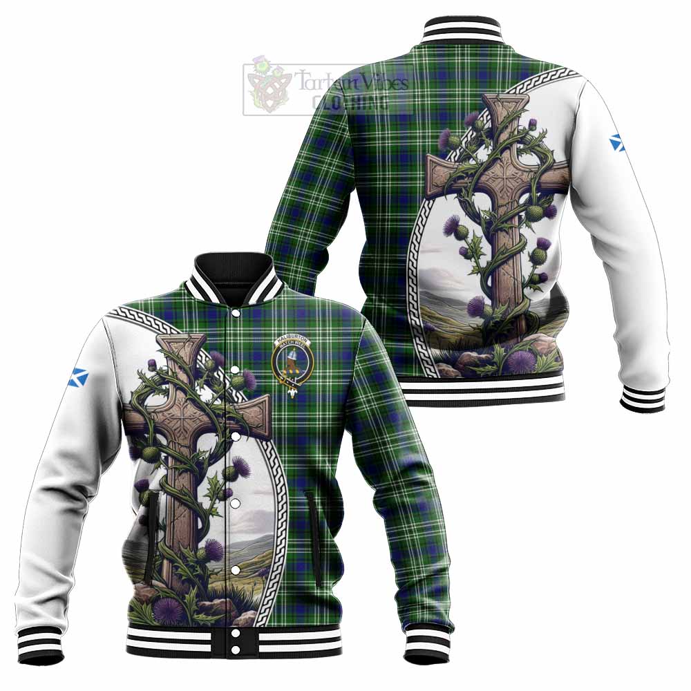 Tartan Vibes Clothing Haliburton Tartan Baseball Jacket with Family Crest and St. Andrew's Cross Accented by Thistle Vines