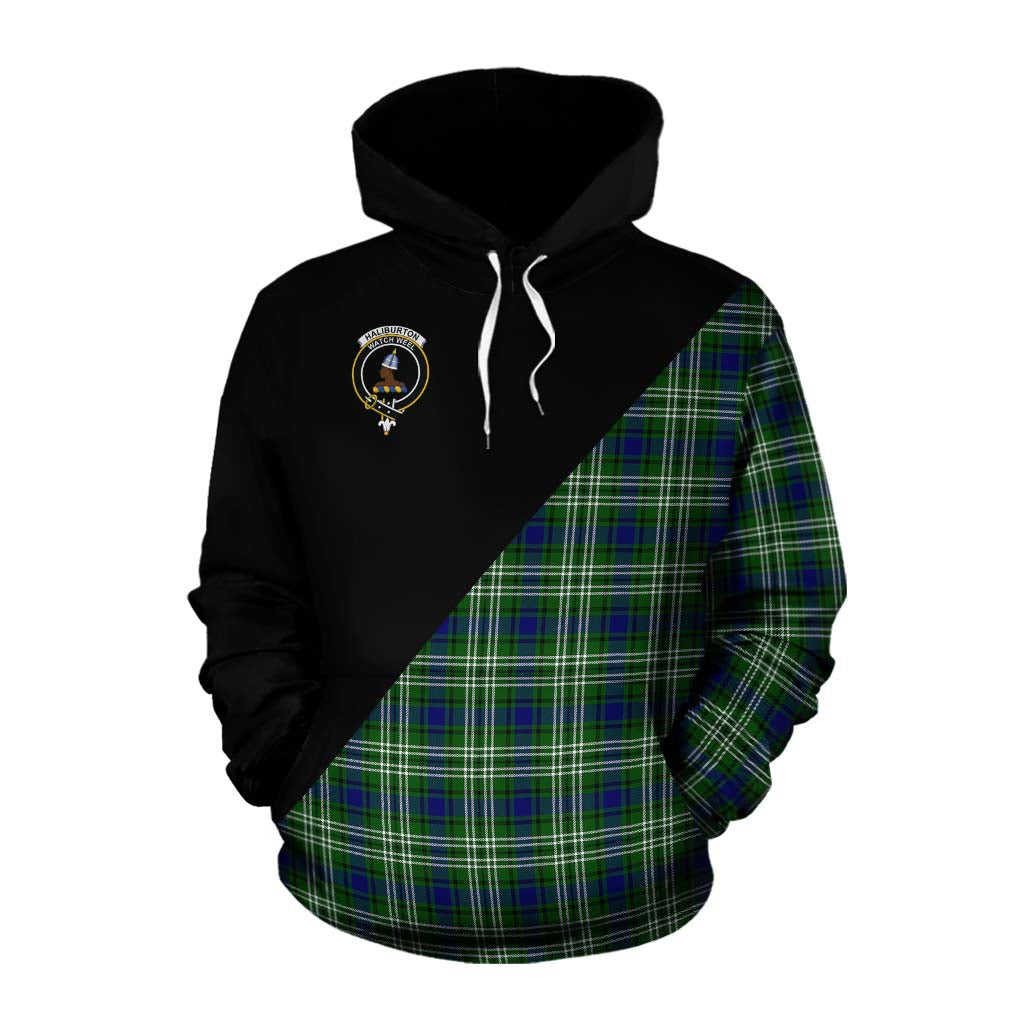 Tartan Vibes Clothing Haliburton Tartan Cotton Hoodie with Family Crest and Military Logo Style