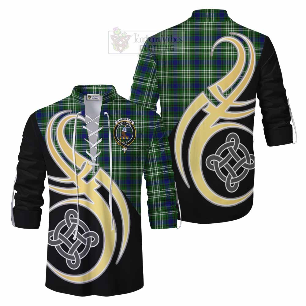 Tartan Vibes Clothing Haliburton Tartan Ghillie Kilt Shirt with Family Crest and Celtic Symbol Style