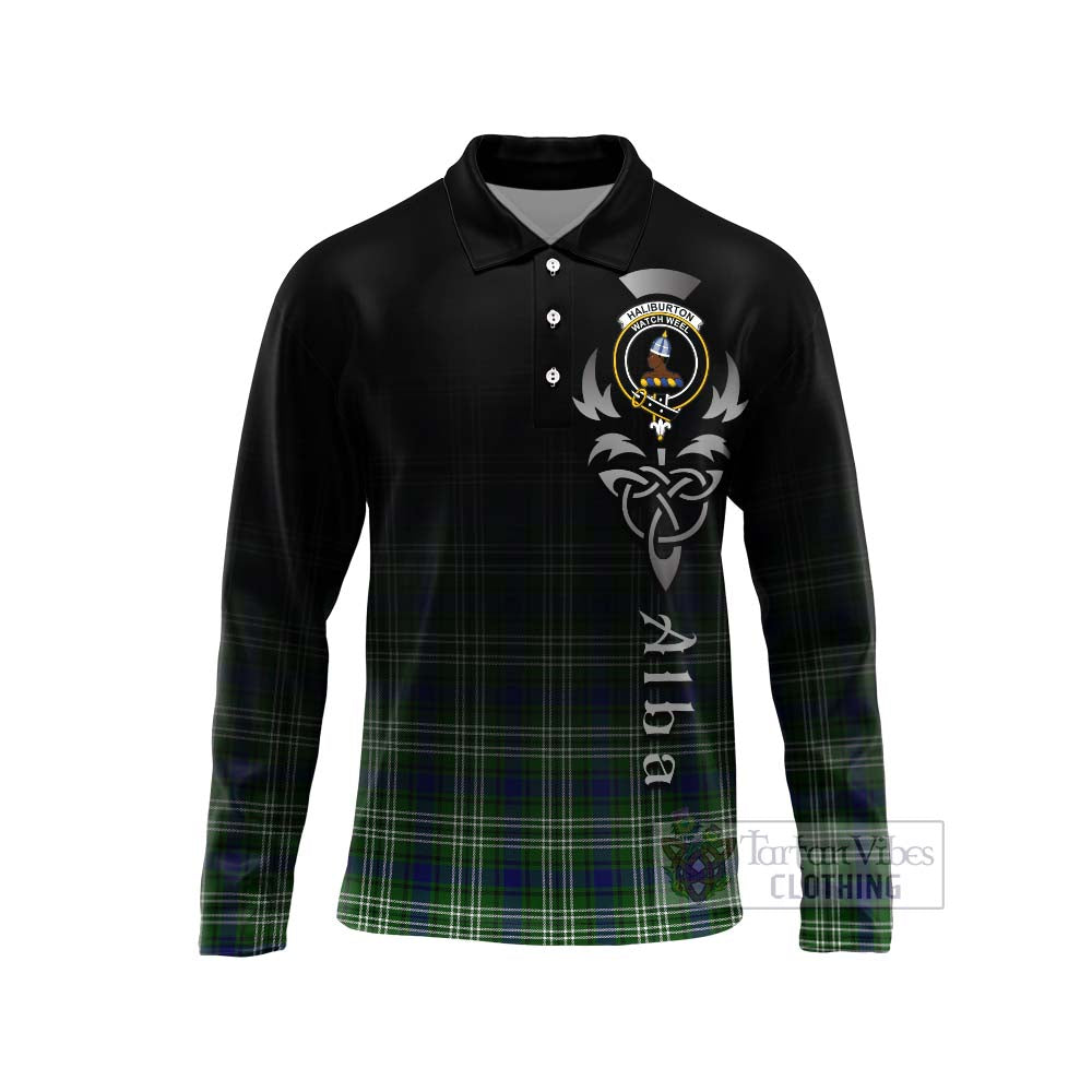 Tartan Vibes Clothing Haliburton Tartan Long Sleeve Polo Shirt Featuring Alba Gu Brath Family Crest Celtic Inspired