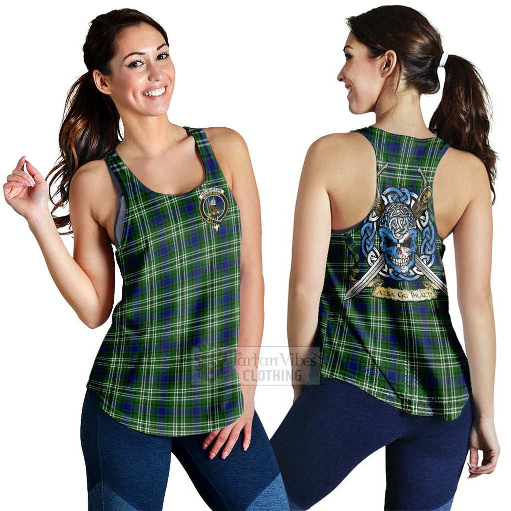 Tartan Vibes Clothing Haliburton Tartan Women's Racerback Tanks with Family Crest Celtic Skull Style