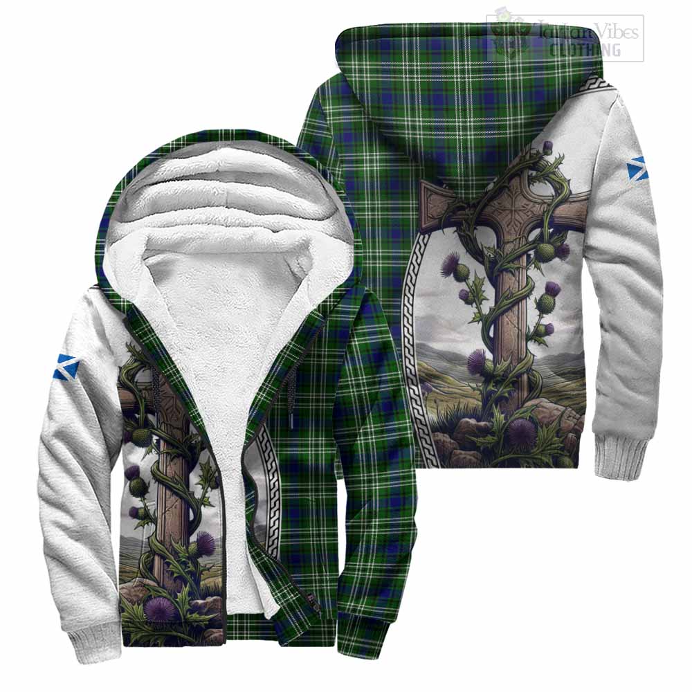 Tartan Vibes Clothing Haliburton Tartan Sherpa Hoodie with Family Crest and St. Andrew's Cross Accented by Thistle Vines