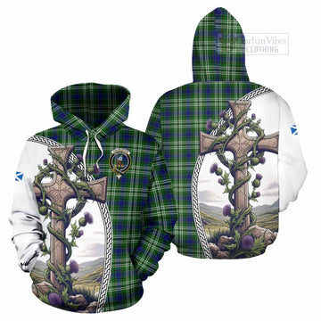 Haliburton Tartan Hoodie with Family Crest and St. Andrew's Cross Accented by Thistle Vines