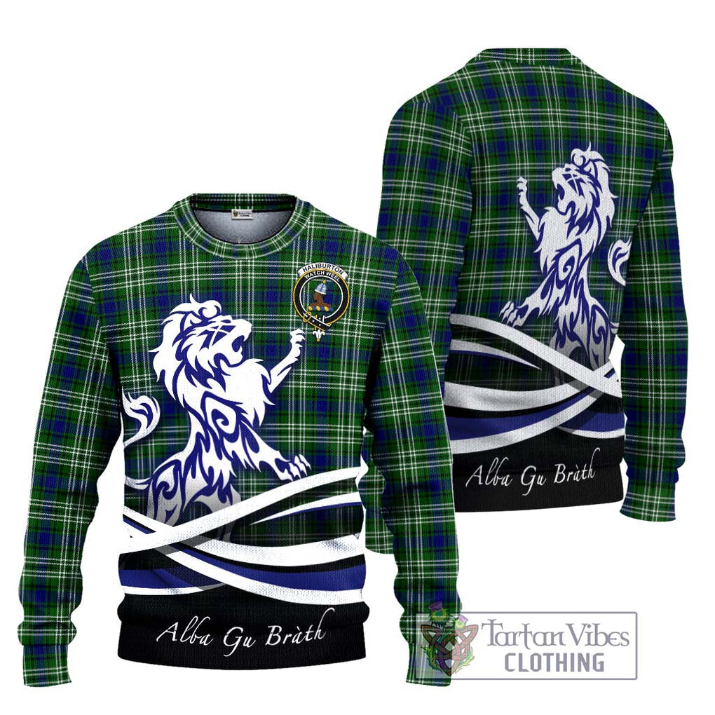 Haliburton Tartan Knitted Sweater with Alba Gu Brath Regal Lion Emblem Unisex - Tartanvibesclothing Shop