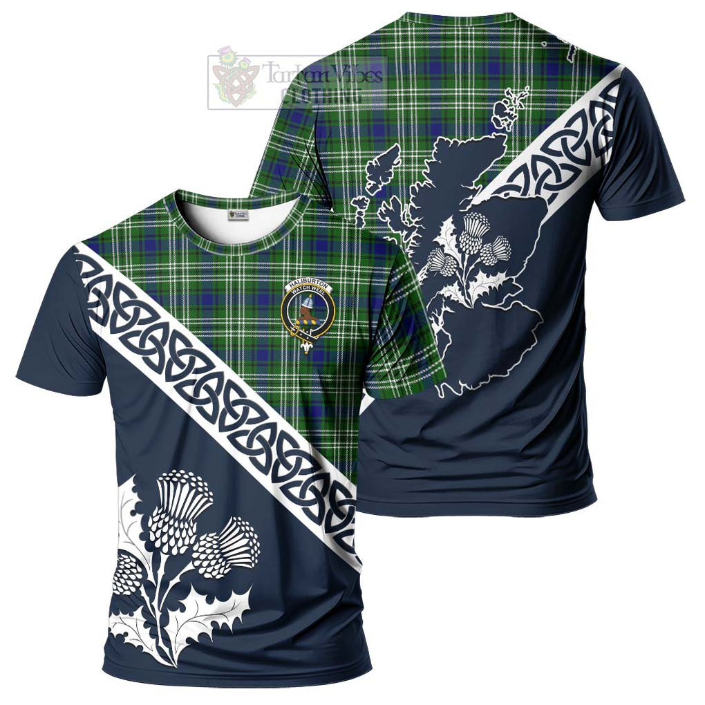 Haliburton Tartan T-Shirt Featuring Thistle and Scotland Map