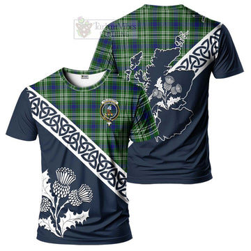 Haliburton Tartan T-Shirt Featuring Thistle and Scotland Map