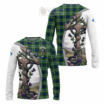 Haliburton Tartan Long Sleeve T-Shirt with Family Crest and St. Andrew's Cross Accented by Thistle Vines