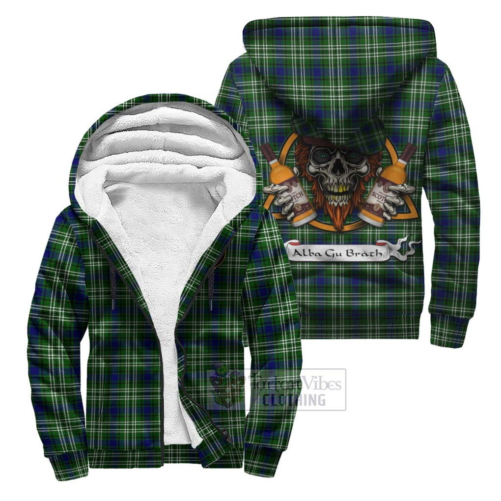 Tartan Vibes Clothing Haliburton Tartan Sherpa Hoodie with Family Crest and Bearded Skull Holding Bottles of Whiskey