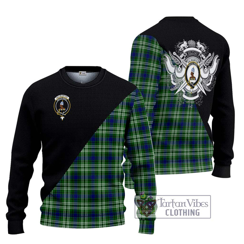 Haliburton Tartan Knitted Sweater with Family Crest and Military Logo Style Unisex - Tartanvibesclothing Shop