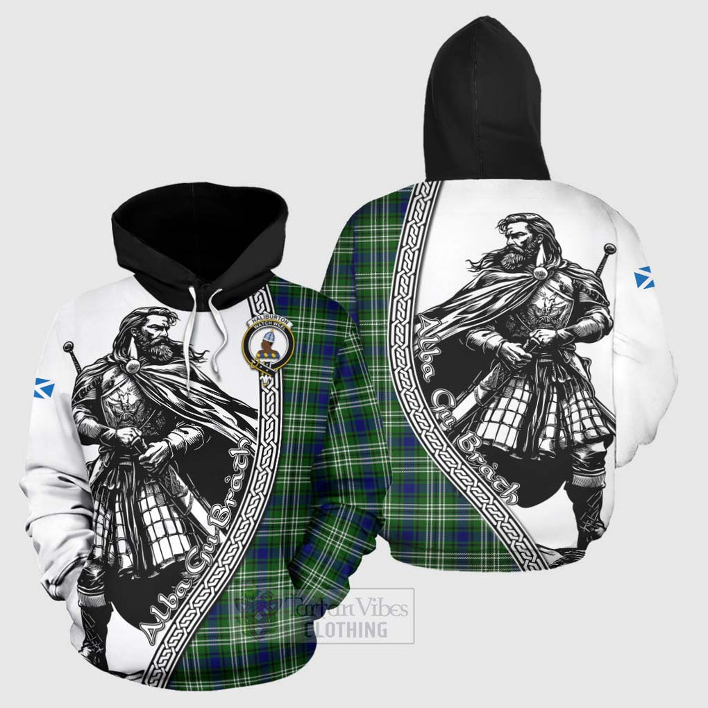 Tartan Vibes Clothing Haliburton Tartan Clan Crest Hoodie with Highlander Warrior Celtic Style