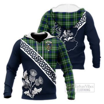 Haliburton Tartan Knitted Hoodie Featuring Thistle and Scotland Map