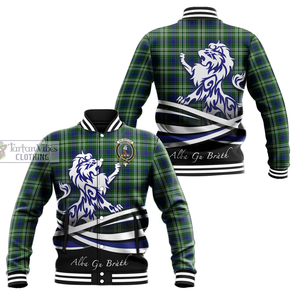 Haliburton Tartan Baseball Jacket with Alba Gu Brath Regal Lion Emblem Unisex - Tartanvibesclothing Shop