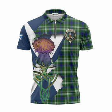 Haliburton Tartan Family Crest Zipper Polo Shirt Scottish Thistle Celtic Inspired Unisex - Tartan Vibes Clothing