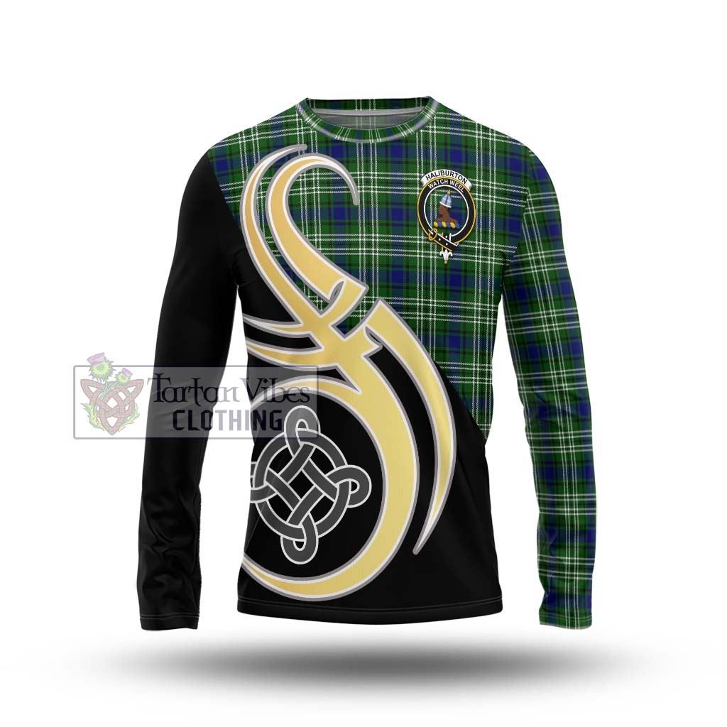 Haliburton Tartan Long Sleeve T-Shirt with Family Crest and Celtic Symbol Style Unisex - Tartan Vibes Clothing