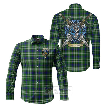 Haliburton Tartan Long Sleeve Button Shirt with Family Crest Celtic Skull Style