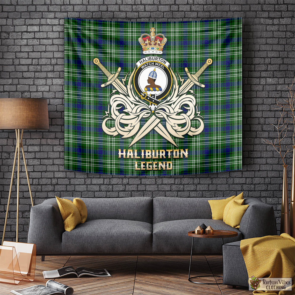 Tartan Vibes Clothing Haliburton Tartan Tapestry with Clan Crest and the Golden Sword of Courageous Legacy