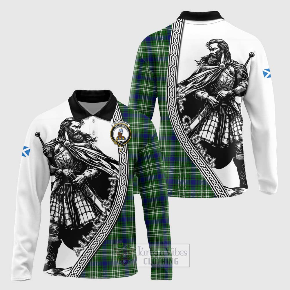 Tartan Vibes Clothing Haliburton Tartan Clan Crest Long Sleeve Polo Shirt with Highlander Warrior Celtic Style