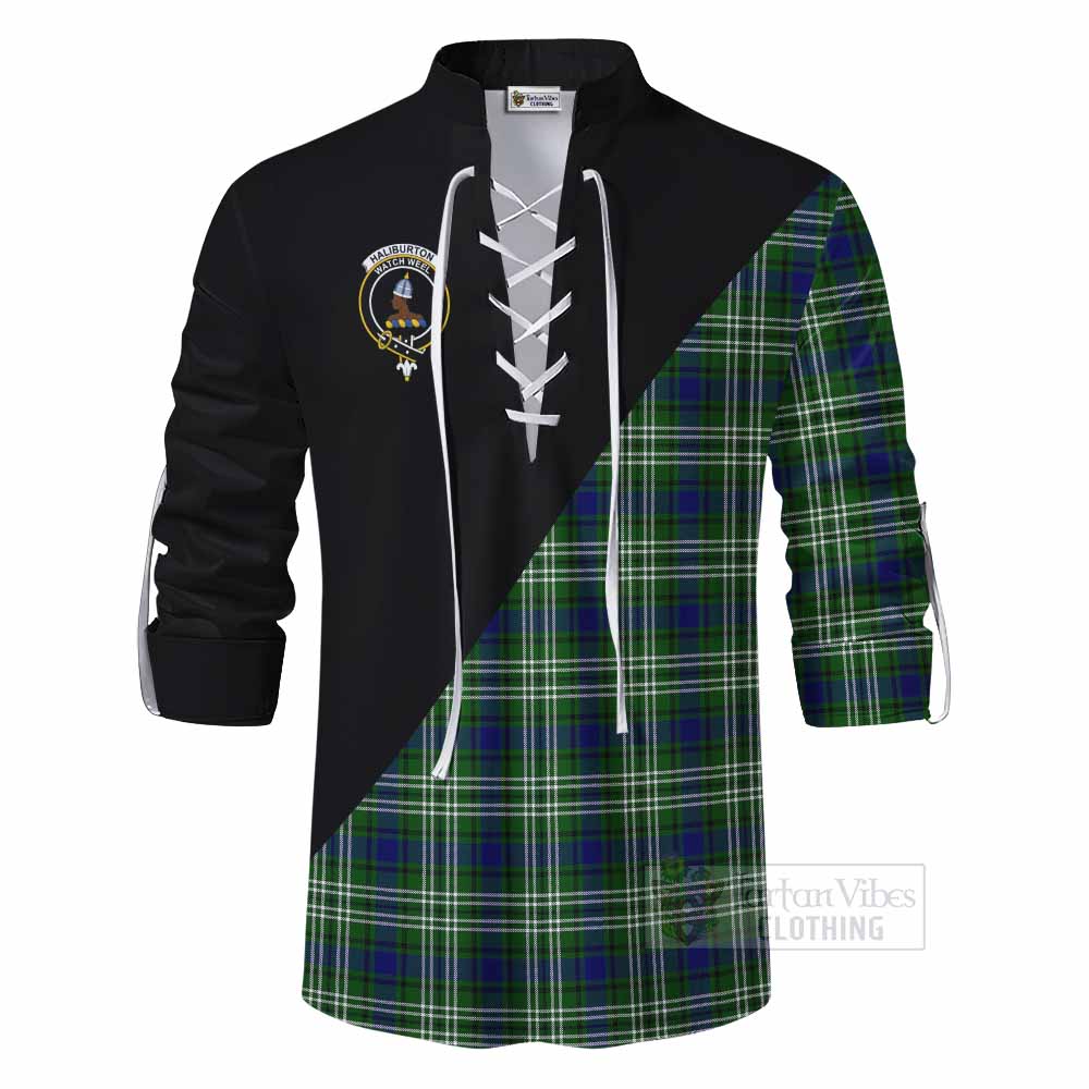 Tartan Vibes Clothing Haliburton Tartan Ghillie Kilt Shirt with Family Crest and Military Logo Style