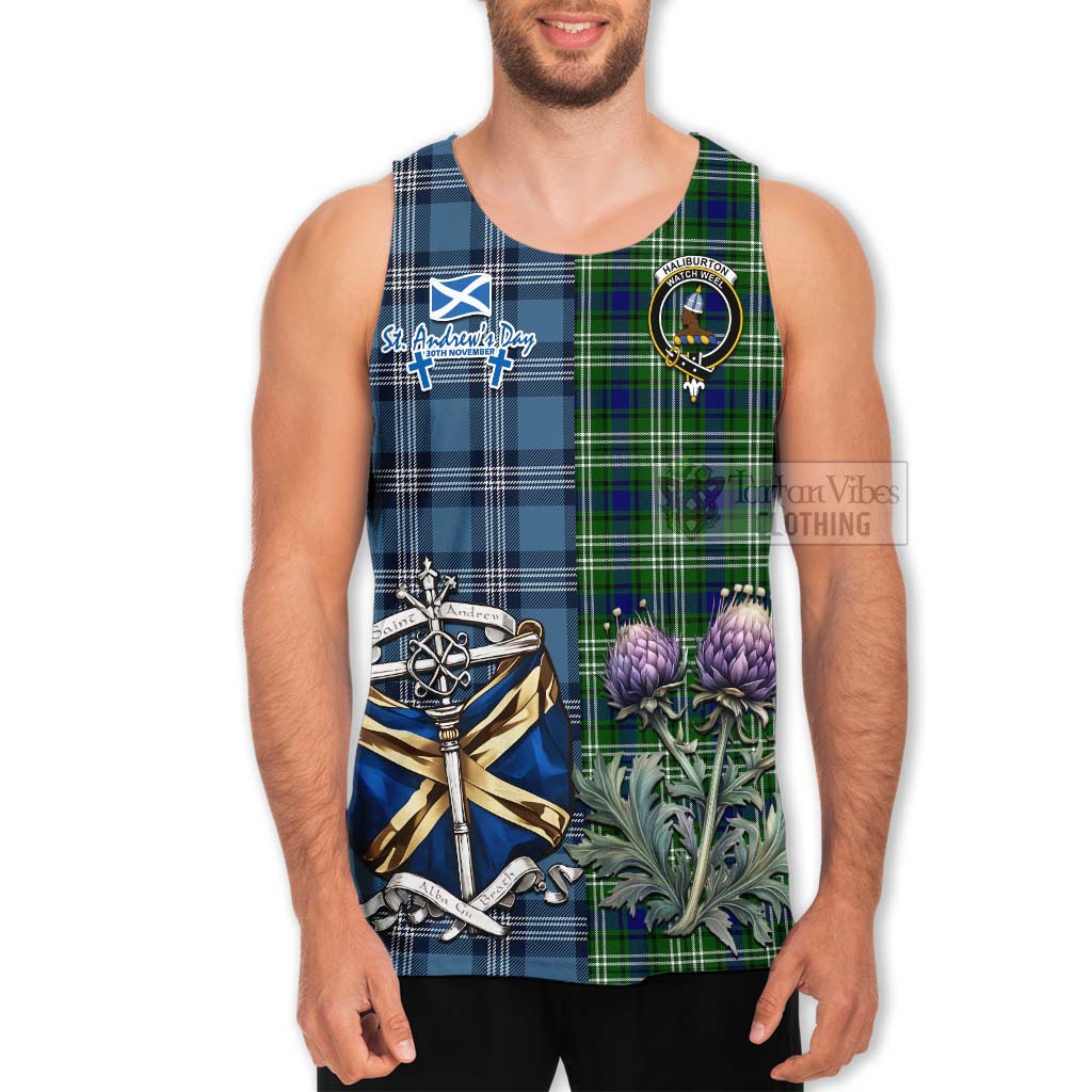 Tartan Vibes Clothing Haliburton Tartan Men's Tank Top Happy St. Andrew's Day Half Tartan Style