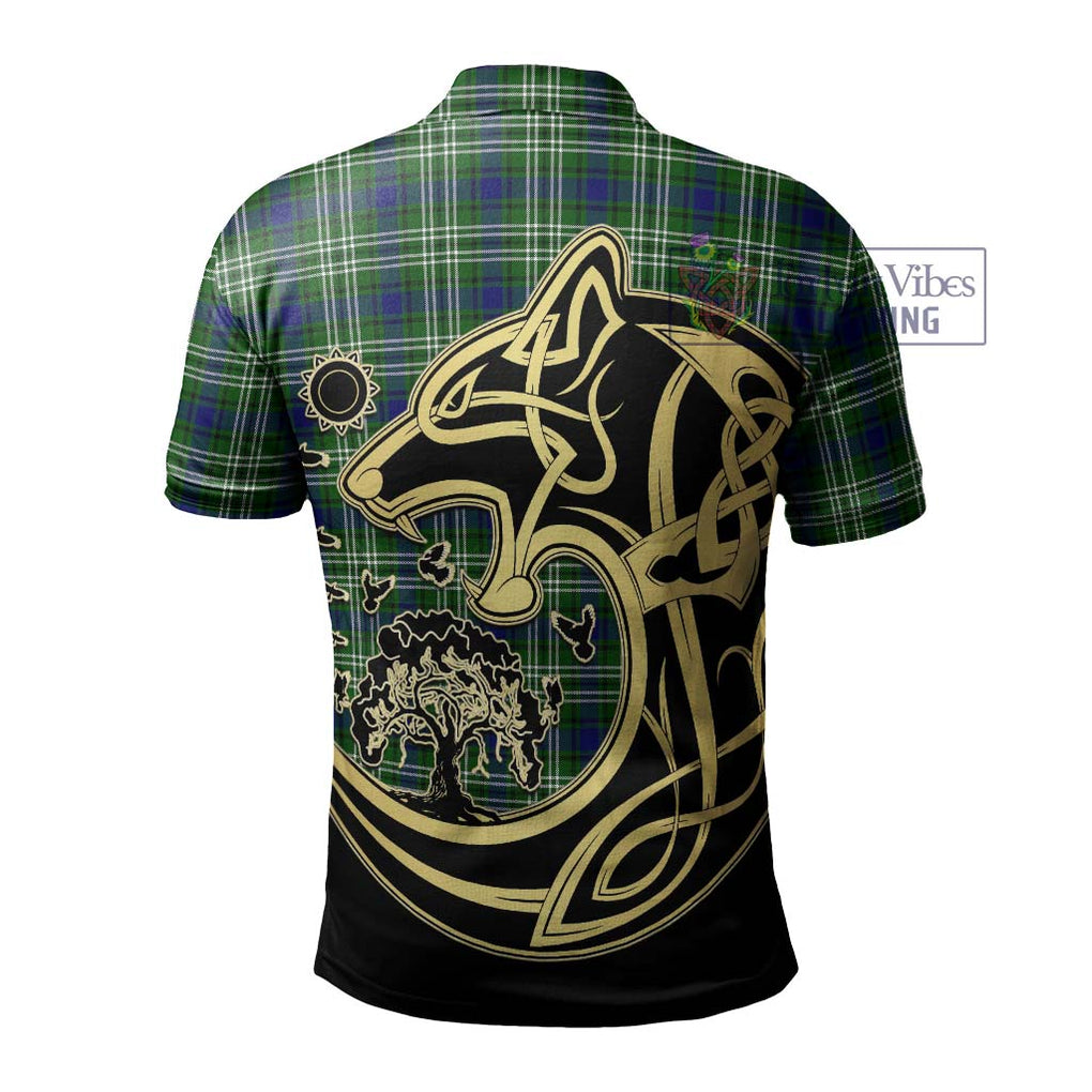 Haliburton Tartan Polo Shirt with Family Crest Celtic Wolf Style - Tartanvibesclothing Shop