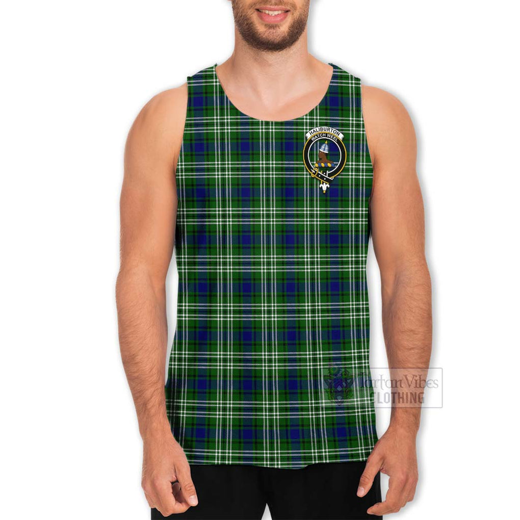 Tartan Vibes Clothing Haliburton Tartan Men's Tank Top with Family Crest and Bearded Skull Holding Bottles of Whiskey