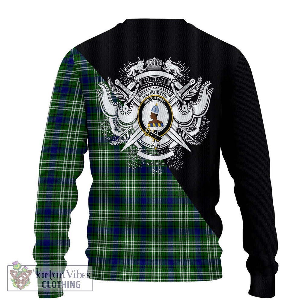 Haliburton Tartan Knitted Sweater with Family Crest and Military Logo Style - Tartanvibesclothing Shop