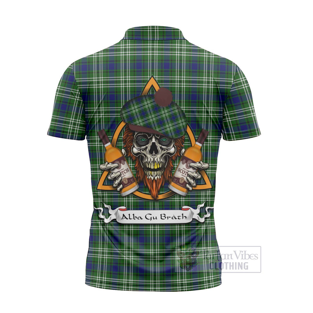 Tartan Vibes Clothing Haliburton Tartan Zipper Polo Shirt with Family Crest and Bearded Skull Holding Bottles of Whiskey